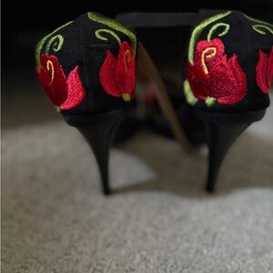 Mexican style Black Sandals with Red Floral Design
